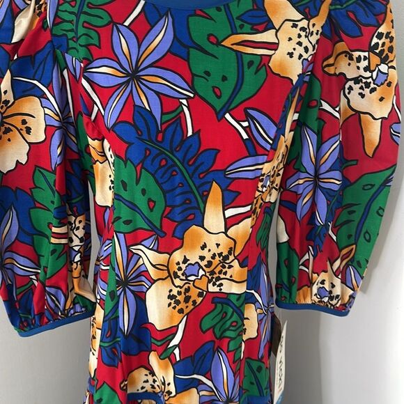 Vintage Bold Floral 80s Puff Sleeve Go Vicki Drop Waist Dress - Picture 3 of 5